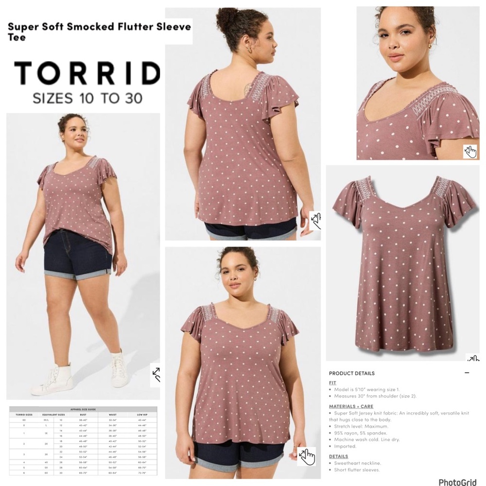 Torrid 1 plus size super soft polka dot smocked flutter tee